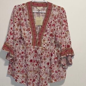 CYNTHIA ROWLEY BOHO SHABBY CHIC RED FLORAL RAYON TUNIC RUFFLED SLEEVES 2X NWT